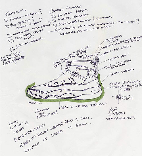 Eine Zeichnung vom Air Jordan 11 entworfen von Tinker Hatfield